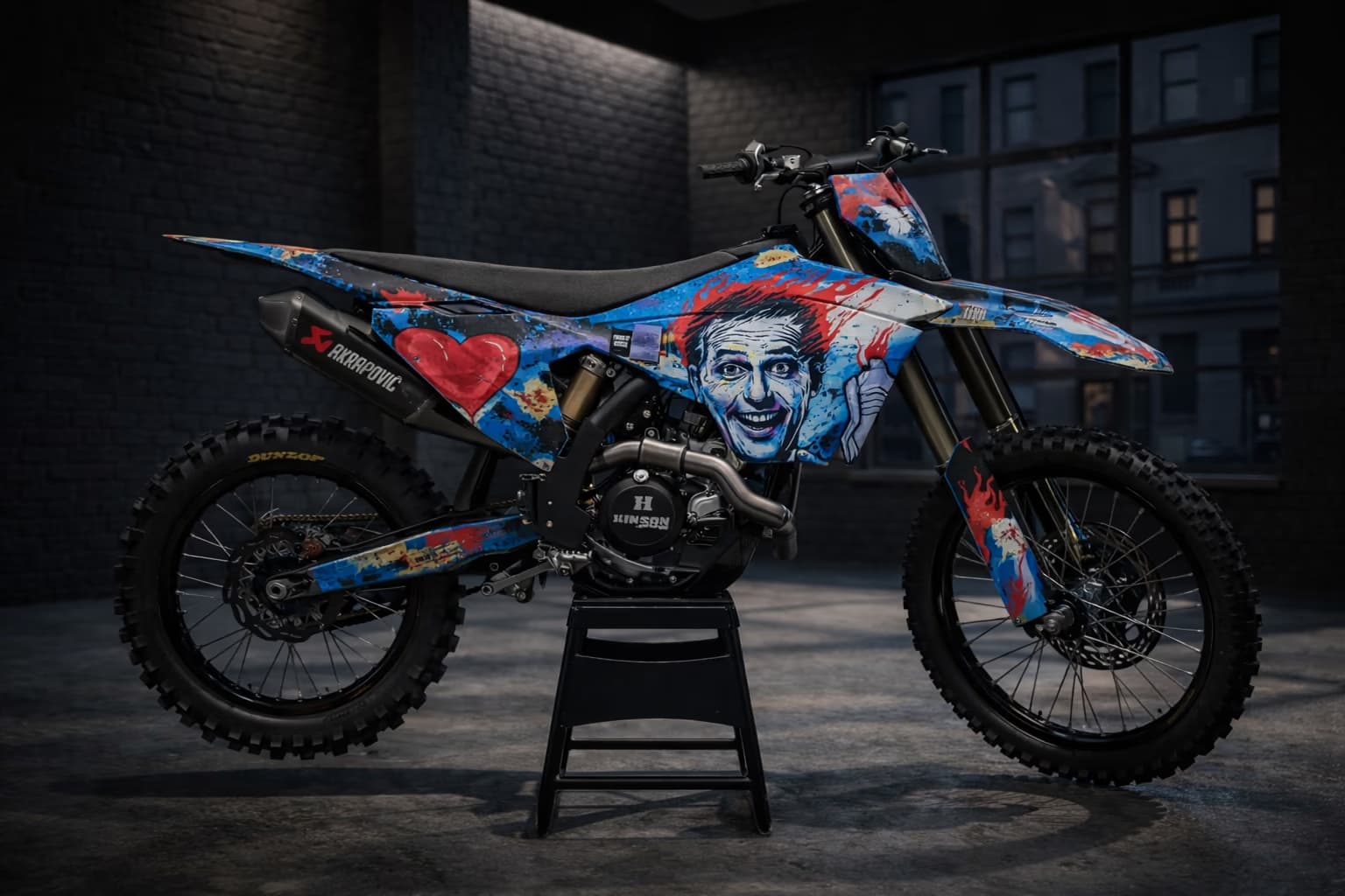 Blue red custom dirt bike graphics with pop art portrait and heart motif.