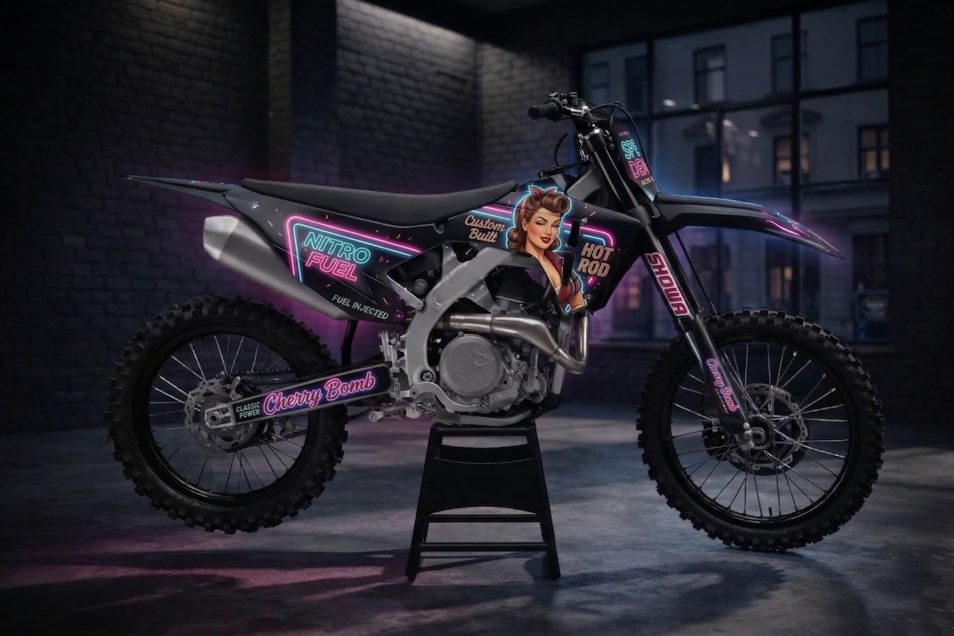 Dark custom dirt bike graphics with mountain and lava themed artwork.